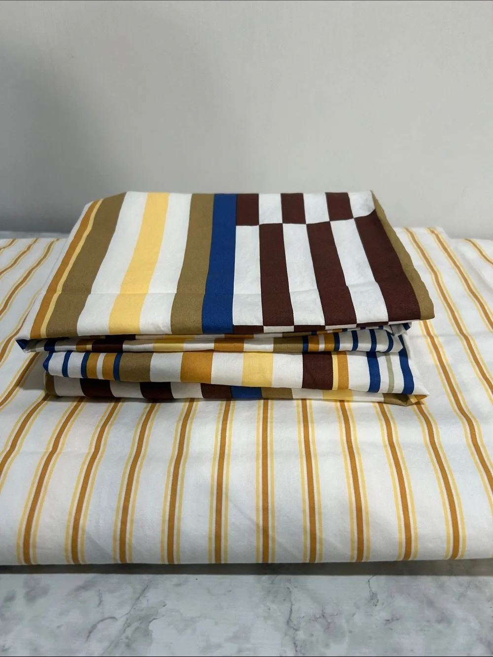 Brooklinen Yellow White Striped Cotton Panel Duvet W/ Two Pillow Set Full/Queen